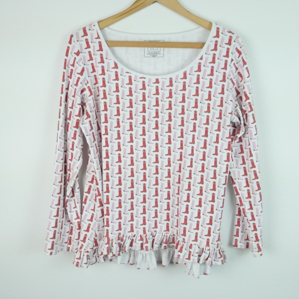 Lila and Hayes Pima Cotton Cowboy Boot Print Ruffle Hem Pajama Top M Western